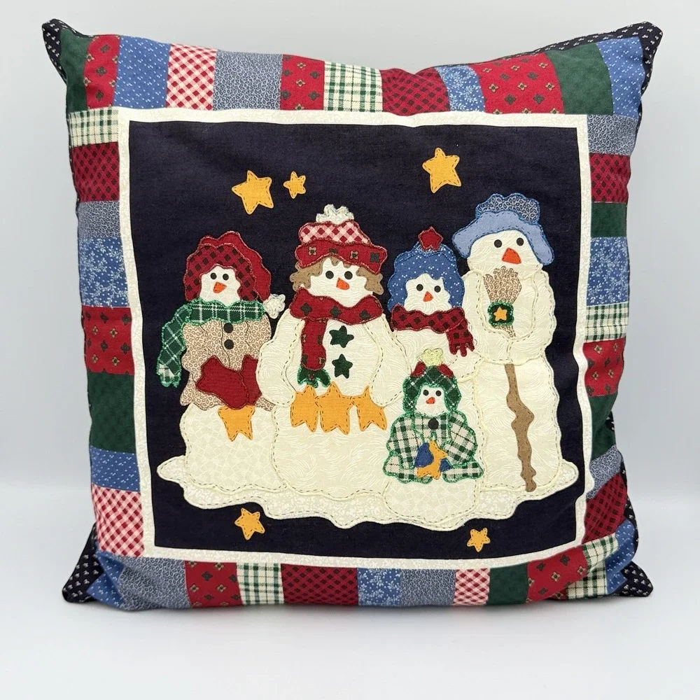 Vintage Snowman Family Christmas Throw Pillow 14x14 Patchwork Applique Folk Art